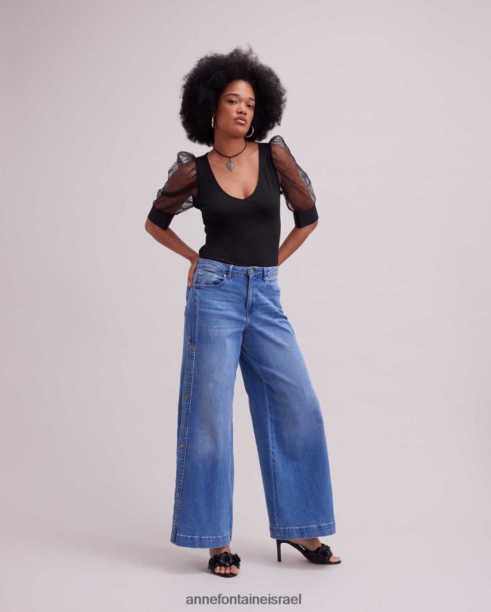 הַלבָּשָׁה Anne Fontaine צווארון V עליון אווירי עם שרוולי רשת שקופים שָׁחוֹר נשים DL8V8L250