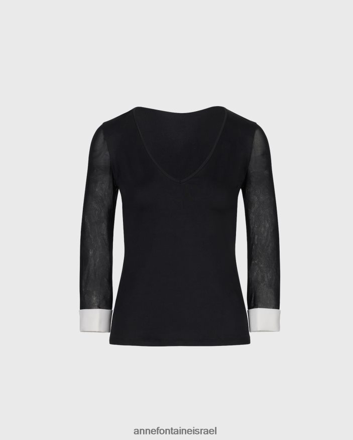 הַלבָּשָׁה Anne Fontaine טופ קפוצין עם צווארון V עם שרוולי רשת שקופים לבן שחור נשים DL8V8L270