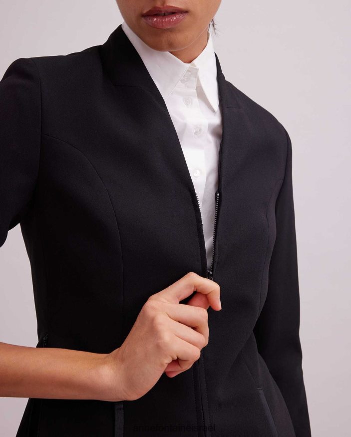 הַלבָּשָׁה Anne Fontaine ז'קט וזאר ז'קט עם צווארון V עם כיסי סאטן שָׁחוֹר נשים DL8V8L460