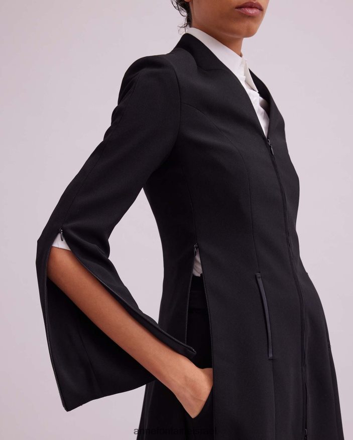 הַלבָּשָׁה Anne Fontaine ז'קט וזאר ז'קט עם צווארון V עם כיסי סאטן שָׁחוֹר נשים DL8V8L460