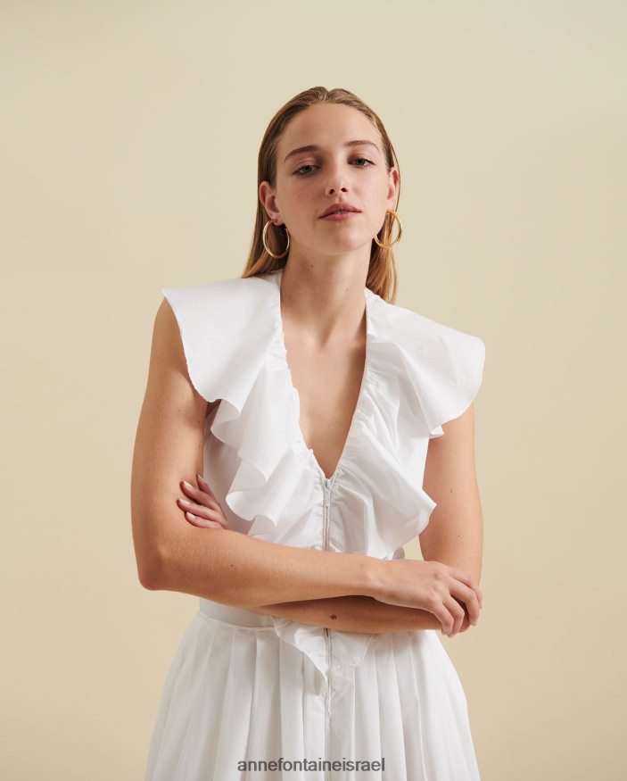 הַלבָּשָׁה Anne Fontaine שמלת קאן שמלת מידי שמלת קפלים עם צווארון V עם גב פתוח ופופלין מכותנה לבן נשים DL8V8L81