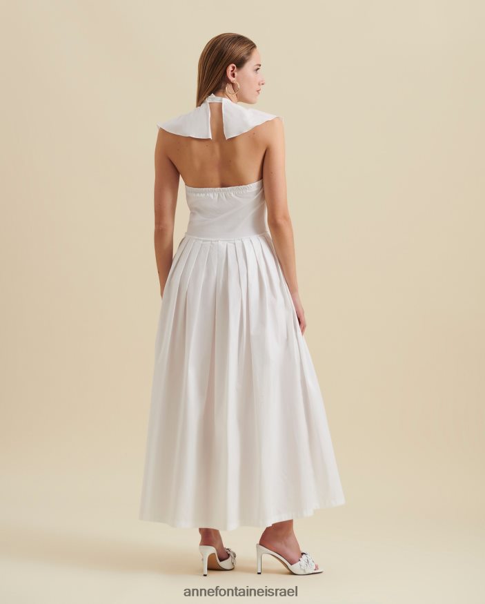 הַלבָּשָׁה Anne Fontaine שמלת קאן שמלת מידי שמלת קפלים עם צווארון V עם גב פתוח ופופלין מכותנה לבן נשים DL8V8L81