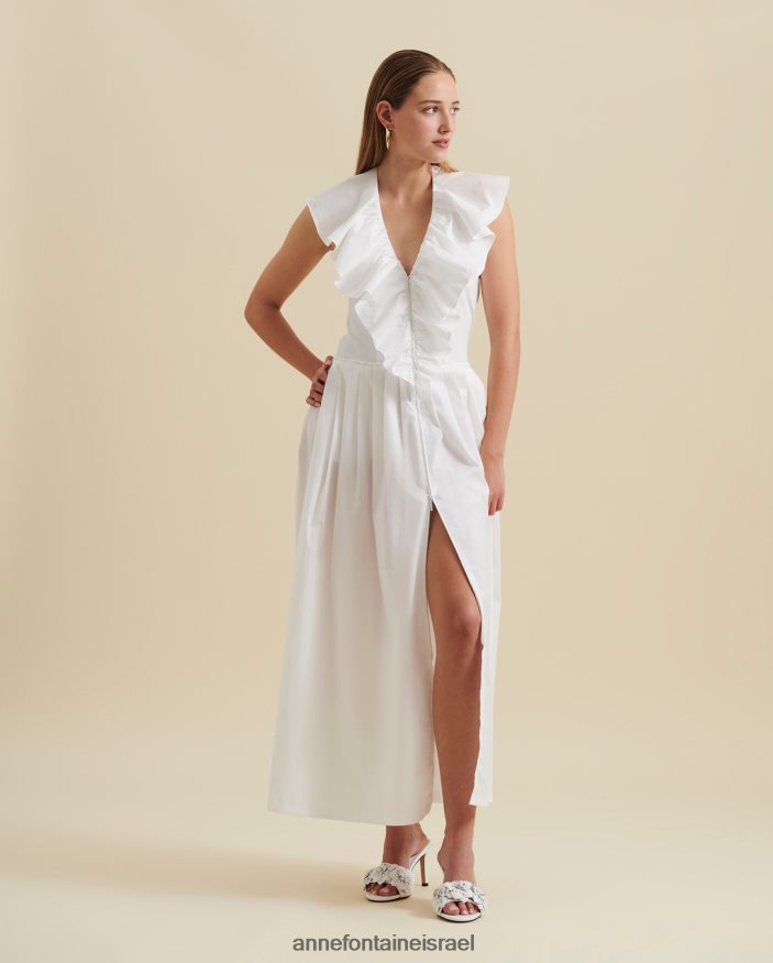 הַלבָּשָׁה Anne Fontaine שמלת קאן שמלת מידי שמלת קפלים עם צווארון V עם גב פתוח ופופלין מכותנה לבן נשים DL8V8L81