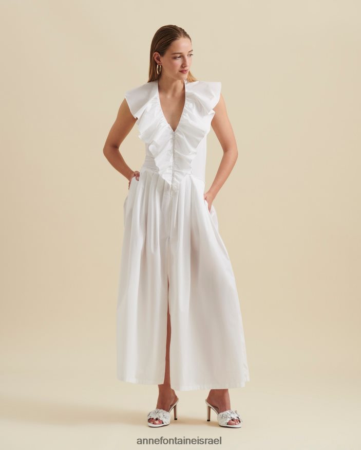 הַלבָּשָׁה Anne Fontaine שמלת קאן שמלת מידי שמלת קפלים עם צווארון V עם גב פתוח ופופלין מכותנה לבן נשים DL8V8L81