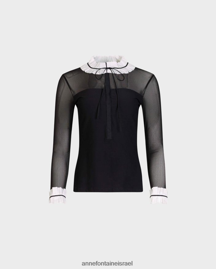 הַלבָּשָׁה Anne Fontaine חולצת beinecke חולצת סוודר שקופה עם צווארון פופלין וחפתים לבן שחור נשים DL8V8L224