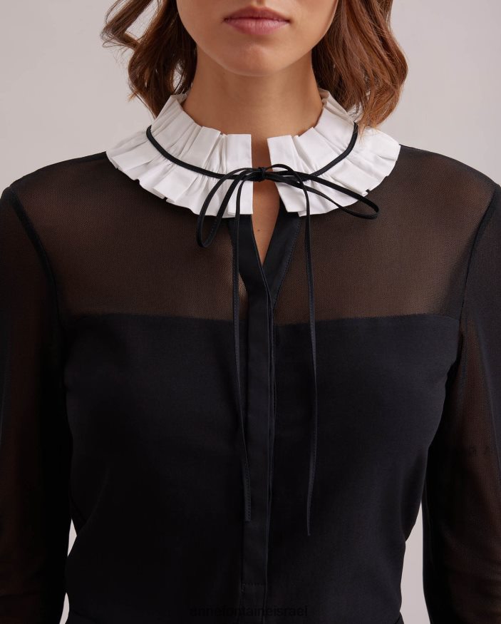 הַלבָּשָׁה Anne Fontaine חולצת beinecke חולצת סוודר שקופה עם צווארון פופלין וחפתים לבן שחור נשים DL8V8L224