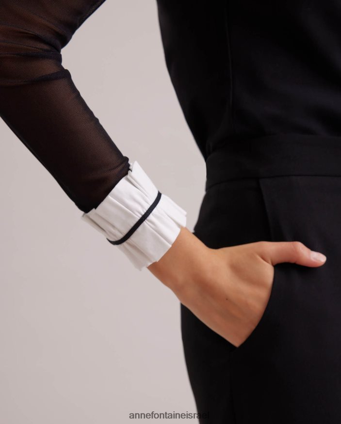 הַלבָּשָׁה Anne Fontaine חולצת beinecke חולצת סוודר שקופה עם צווארון פופלין וחפתים לבן שחור נשים DL8V8L224