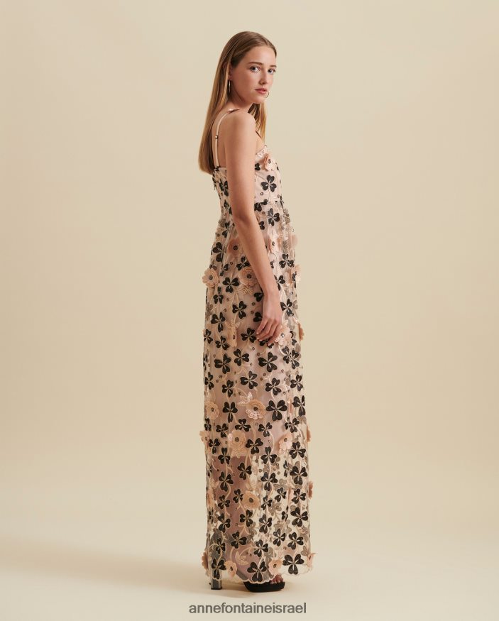 הַלבָּשָׁה Anne Fontaine שמלת belharra שמלה ארוכה חצי שקופה עם אפליקציות פרחוניות תלת מימדיות שחור/בז'/זהב נשים DL8V8L118