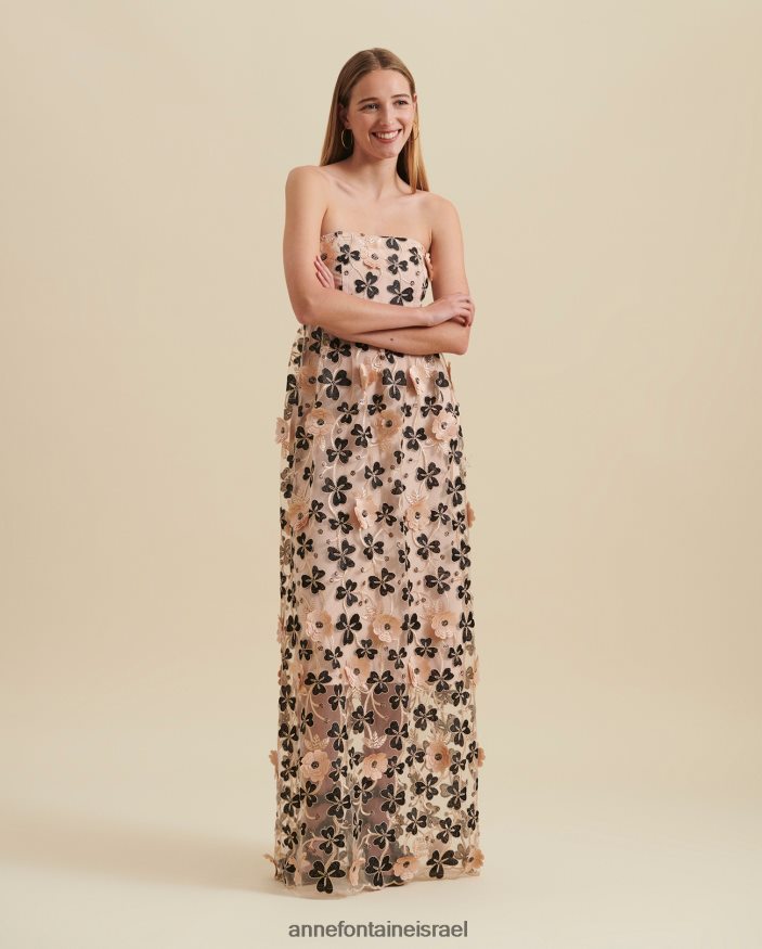 הַלבָּשָׁה Anne Fontaine שמלת belharra שמלה ארוכה חצי שקופה עם אפליקציות פרחוניות תלת מימדיות שחור/בז'/זהב נשים DL8V8L118