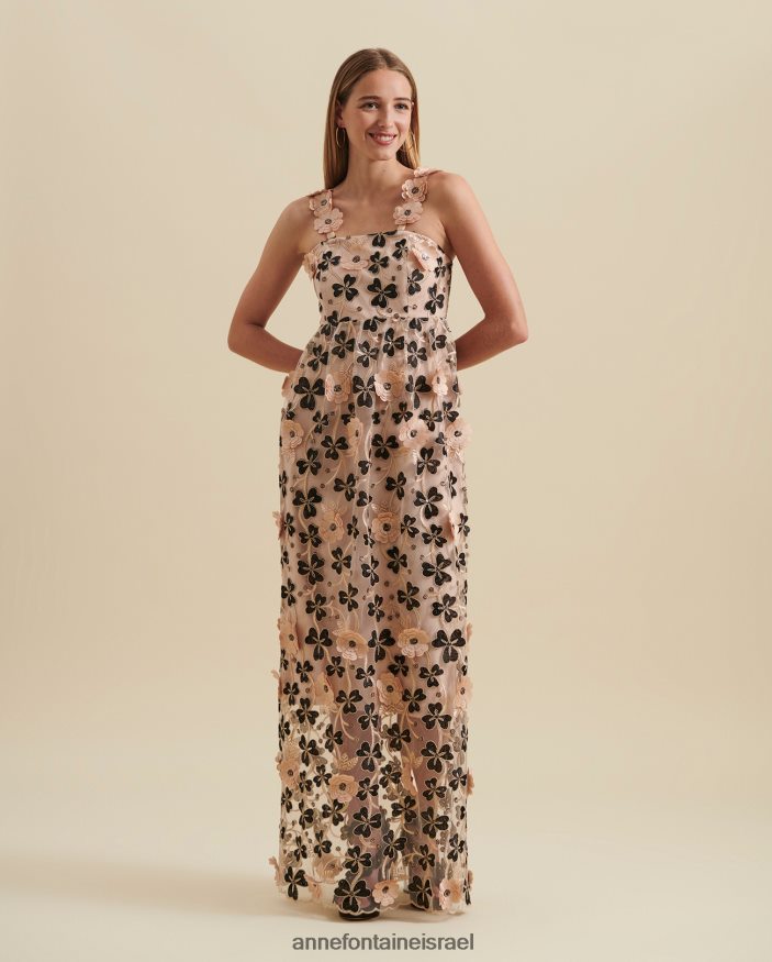 הַלבָּשָׁה Anne Fontaine שמלת belharra שמלה ארוכה חצי שקופה עם אפליקציות פרחוניות תלת מימדיות שחור/בז'/זהב נשים DL8V8L118