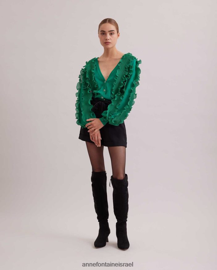 הַלבָּשָׁה Anne Fontaine קרדיגן ciline עם שרוולים ארוכים קרדיגן מנטה עם סלסולים ומחשוף V עמוק ירוק נשים DL8V8L476