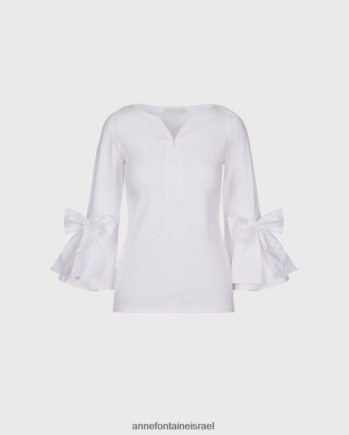 הַלבָּשָׁה Anne Fontaine טופ clissa 3/4 שרוולים מצויד טופ פימה עם קשתות ממוקמות לבן נשים DL8V8L276