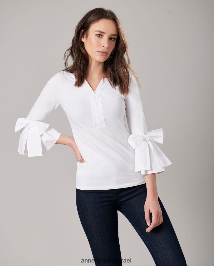 הַלבָּשָׁה Anne Fontaine טופ clissa 3/4 שרוולים מצויד טופ פימה עם קשתות ממוקמות לבן נשים DL8V8L276