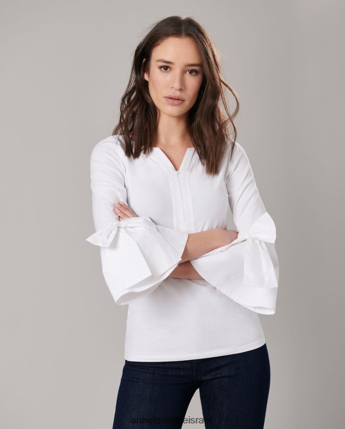 הַלבָּשָׁה Anne Fontaine טופ clissa 3/4 שרוולים מצויד טופ פימה עם קשתות ממוקמות לבן נשים DL8V8L276