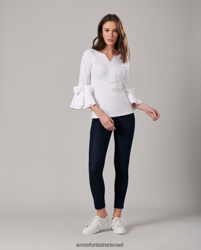 הַלבָּשָׁה Anne Fontaine טופ clissa 3/4 שרוולים מצויד טופ פימה עם קשתות ממוקמות לבן נשים DL8V8L276