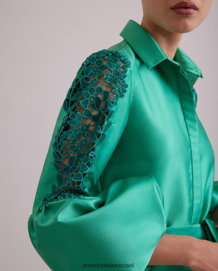 הַלבָּשָׁה Anne Fontaine שמלת comtesse שמלת סאטן ארוכה עם שרוולים נפוחים תחרה מנטה נשים DL8V8L109