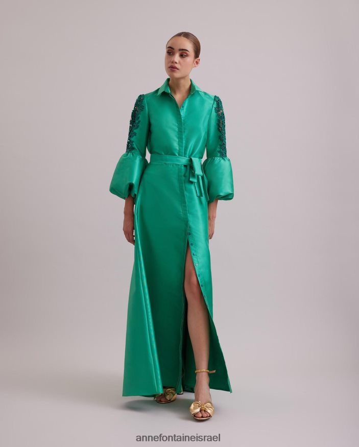 הַלבָּשָׁה Anne Fontaine שמלת comtesse שמלת סאטן ארוכה עם שרוולים נפוחים תחרה מנטה נשים DL8V8L109