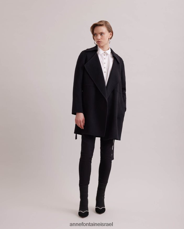 הַלבָּשָׁה Anne Fontaine מעיל מעיל delacroix עם חגורה פתוחה של תערובת צמר עם דש מחורץ גדול שָׁחוֹר נשים DL8V8L433