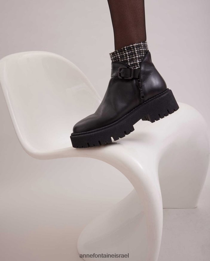 נעליים Anne Fontaine מגף צ'לסי מעור מגף dorval עם פרט טוויד ואבזם כסף שחור נשים DL8V8L7