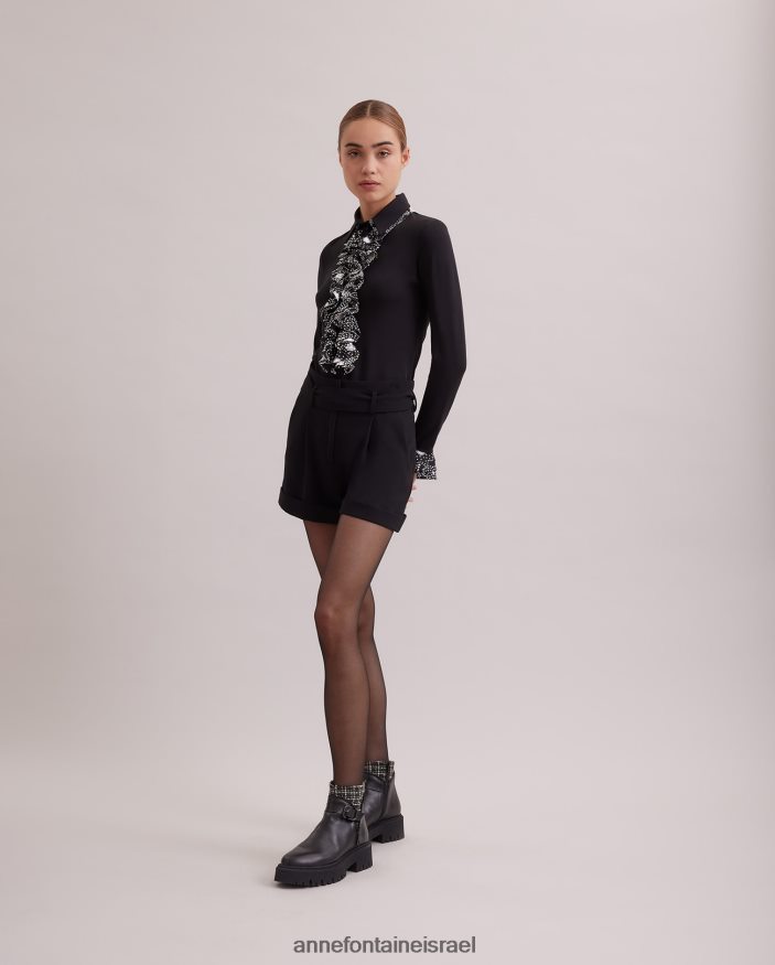 נעליים Anne Fontaine מגף צ'לסי מעור מגף dorval עם פרט טוויד ואבזם כסף שחור נשים DL8V8L7