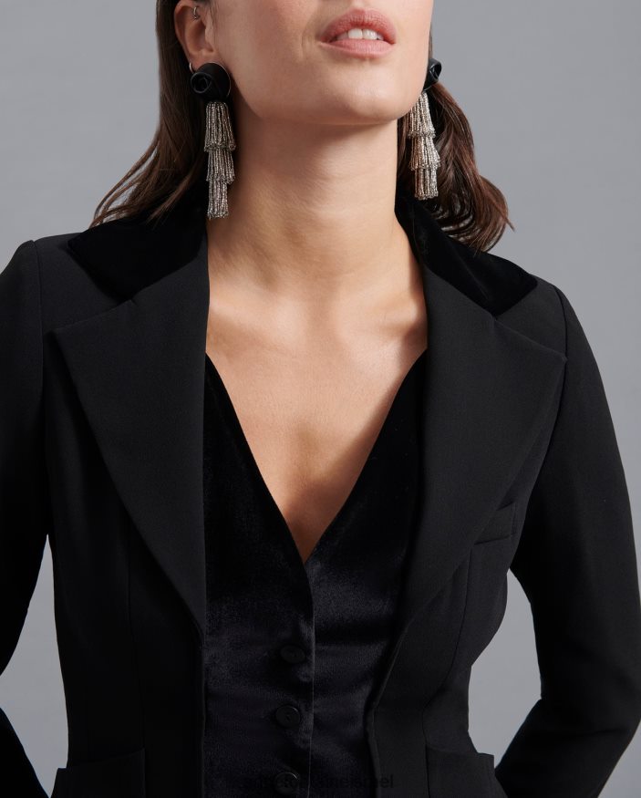 הַלבָּשָׁה Anne Fontaine ז'קט emrys מעיל קרפ בסגנון וינטג' עם חזיית קטיפה מוכנסת שָׁחוֹר נשים DL8V8L445