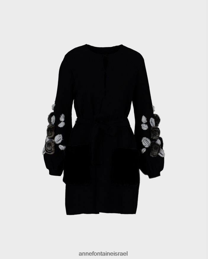 הַלבָּשָׁה Anne Fontaine קרדיגן fasha קרדיגן ופל סרוג עם שרוולים בלוסון ופרחים לבן שחור נשים DL8V8L427