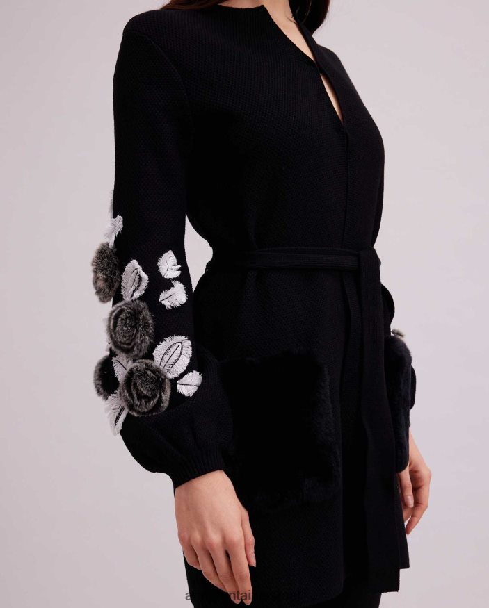 הַלבָּשָׁה Anne Fontaine קרדיגן fasha קרדיגן ופל סרוג עם שרוולים בלוסון ופרחים לבן שחור נשים DL8V8L427