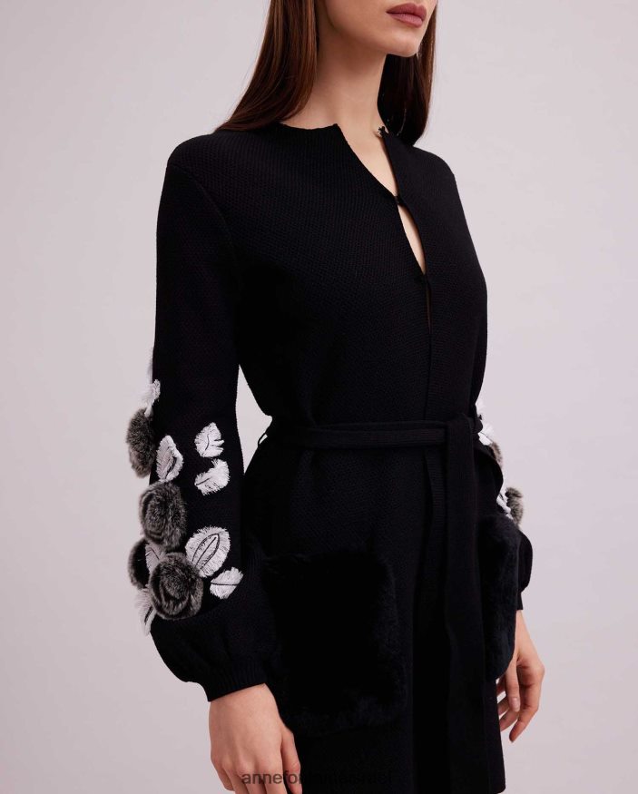 הַלבָּשָׁה Anne Fontaine קרדיגן fasha קרדיגן ופל סרוג עם שרוולים בלוסון ופרחים לבן שחור נשים DL8V8L427