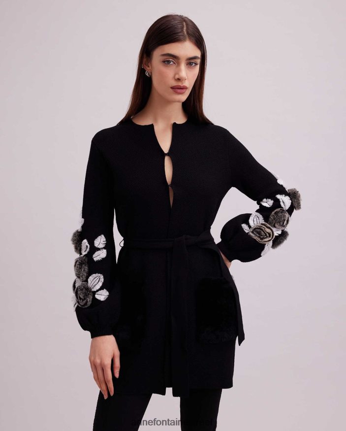 הַלבָּשָׁה Anne Fontaine קרדיגן fasha קרדיגן ופל סרוג עם שרוולים בלוסון ופרחים לבן שחור נשים DL8V8L427