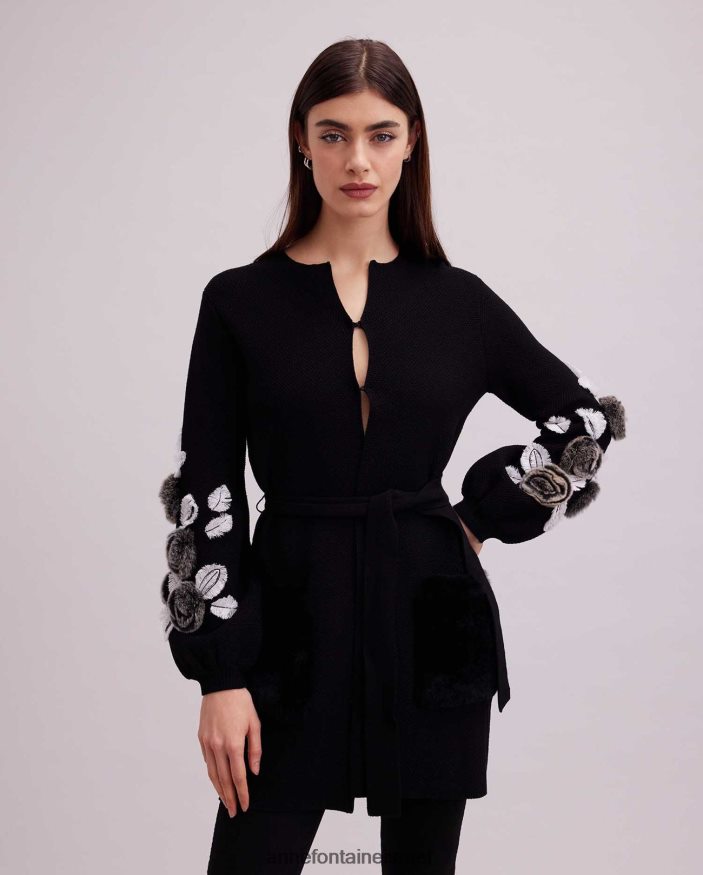 הַלבָּשָׁה Anne Fontaine קרדיגן fasha קרדיגן ופל סרוג עם שרוולים בלוסון ופרחים לבן שחור נשים DL8V8L427