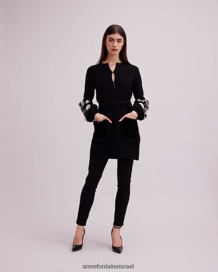 הַלבָּשָׁה Anne Fontaine קרדיגן fasha קרדיגן ופל סרוג עם שרוולים בלוסון ופרחים לבן שחור נשים DL8V8L427