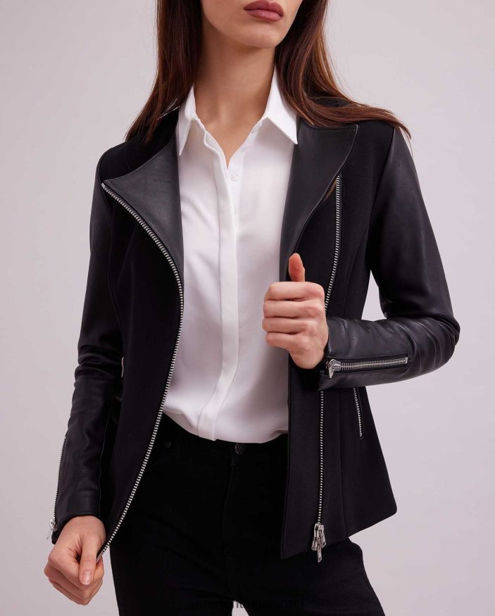 הַלבָּשָׁה Anne Fontaine ז'קט fatine סגנון אופנוע דו-חומר ז'קט שָׁחוֹר נשים DL8V8L426