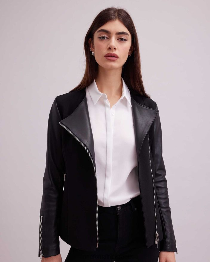 הַלבָּשָׁה Anne Fontaine ז'קט fatine סגנון אופנוע דו-חומר ז'קט שָׁחוֹר נשים DL8V8L426