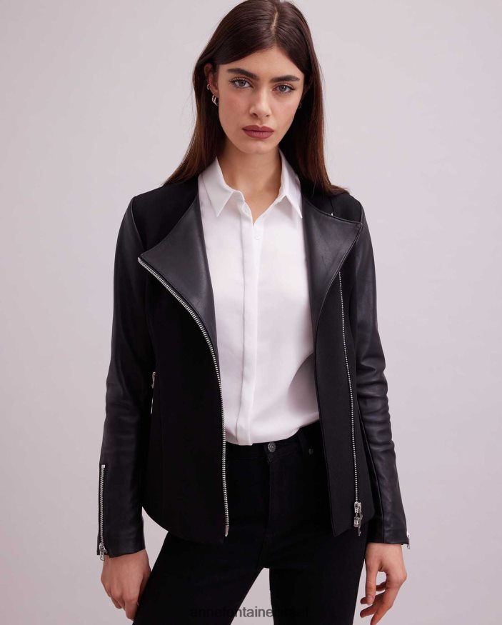 הַלבָּשָׁה Anne Fontaine ז'קט fatine סגנון אופנוע דו-חומר ז'קט שָׁחוֹר נשים DL8V8L426