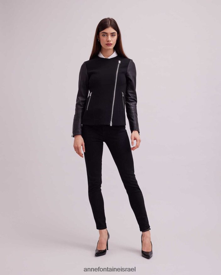 הַלבָּשָׁה Anne Fontaine ז'קט fatine סגנון אופנוע דו-חומר ז'קט שָׁחוֹר נשים DL8V8L426