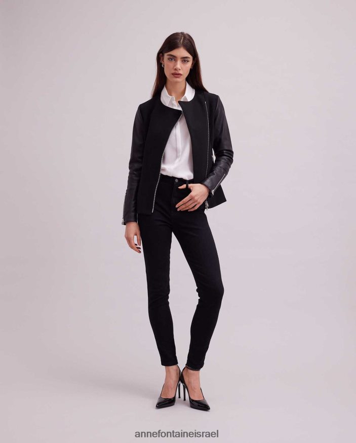 הַלבָּשָׁה Anne Fontaine ז'קט fatine סגנון אופנוע דו-חומר ז'קט שָׁחוֹר נשים DL8V8L426