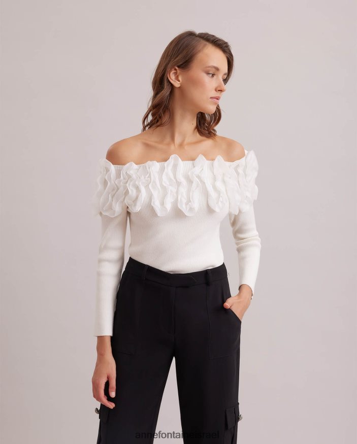 הַלבָּשָׁה Anne Fontaine סריג סוודר עם שרוולים עליון של feda 3/4 עם סלסולים לבן נשים DL8V8L279