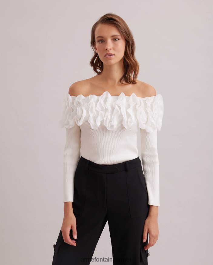 הַלבָּשָׁה Anne Fontaine סריג סוודר עם שרוולים עליון של feda 3/4 עם סלסולים לבן נשים DL8V8L279