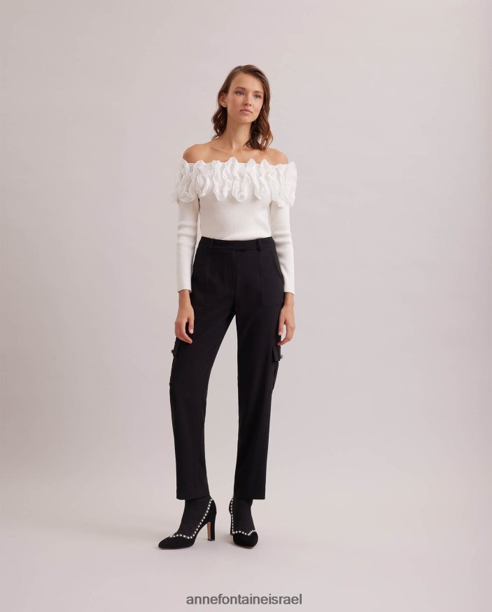 הַלבָּשָׁה Anne Fontaine סריג סוודר עם שרוולים עליון של feda 3/4 עם סלסולים לבן נשים DL8V8L279