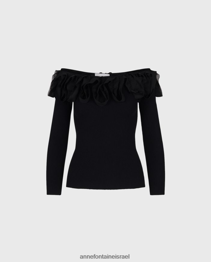 הַלבָּשָׁה Anne Fontaine סריג סוודר עם שרוולים עליון של feda 3/4 עם סלסולים שָׁחוֹר נשים DL8V8L281