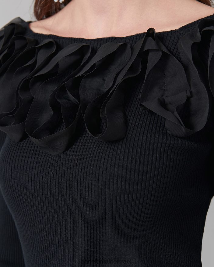 הַלבָּשָׁה Anne Fontaine סריג סוודר עם שרוולים עליון של feda 3/4 עם סלסולים שָׁחוֹר נשים DL8V8L281