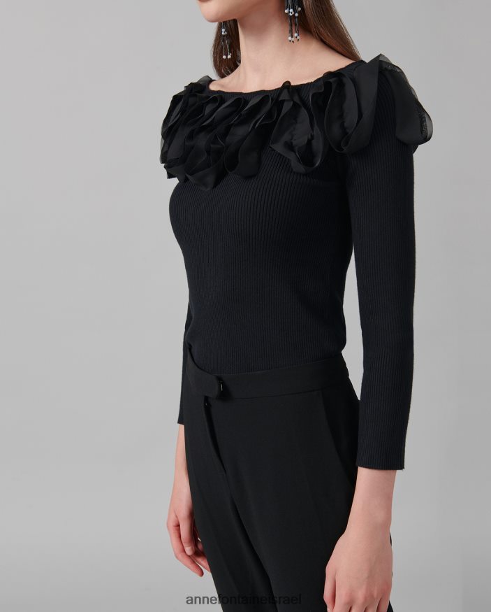 הַלבָּשָׁה Anne Fontaine סריג סוודר עם שרוולים עליון של feda 3/4 עם סלסולים שָׁחוֹר נשים DL8V8L281