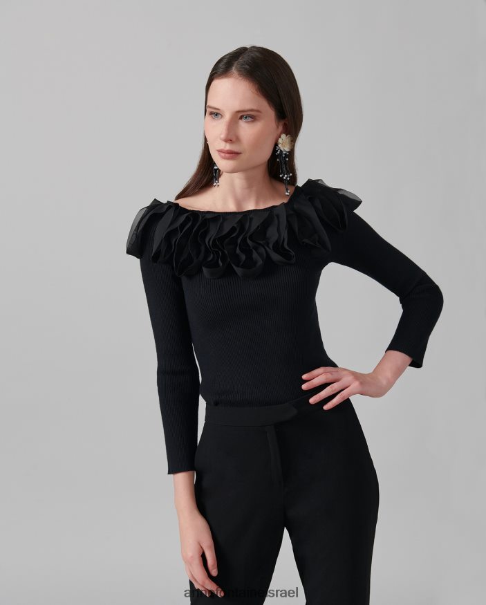 הַלבָּשָׁה Anne Fontaine סריג סוודר עם שרוולים עליון של feda 3/4 עם סלסולים שָׁחוֹר נשים DL8V8L281