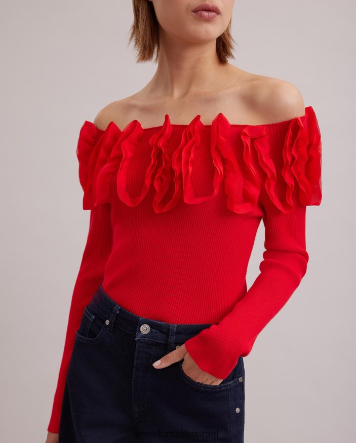 הַלבָּשָׁה Anne Fontaine סריג סוודר עם שרוול ארוך עליון של feda עם סלסולים מעוטרים אָדוֹם נשים DL8V8L280