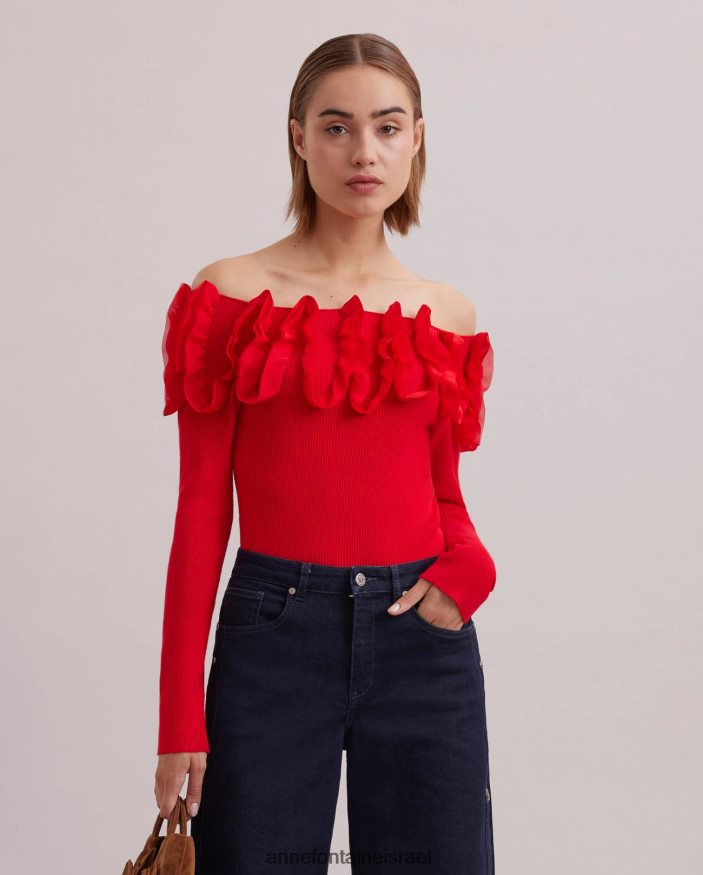 הַלבָּשָׁה Anne Fontaine סריג סוודר עם שרוול ארוך עליון של feda עם סלסולים מעוטרים אָדוֹם נשים DL8V8L280