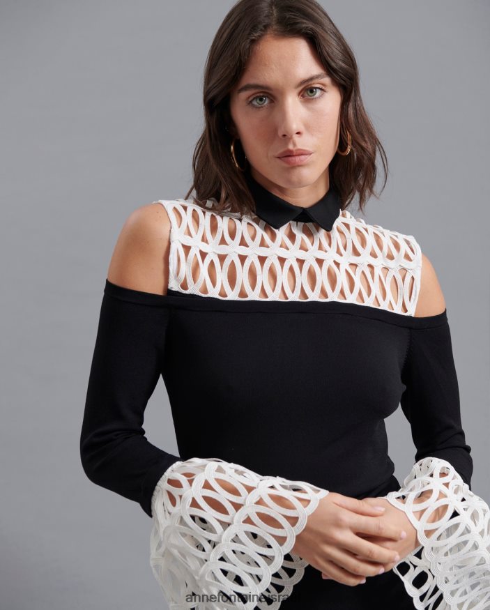 הַלבָּשָׁה Anne Fontaine חולצה עליון של felicita עם עול וחפתים נשלפים לבן שחור נשים DL8V8L493
