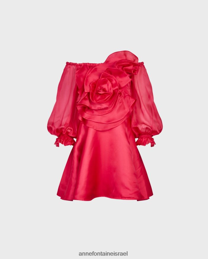 הַלבָּשָׁה Anne Fontaine שמלת floralie שמלת אורגנזה משי מחוץ לכתף עם ורד תלת מימד גדול ורוד פוקסיה נשים DL8V8L65