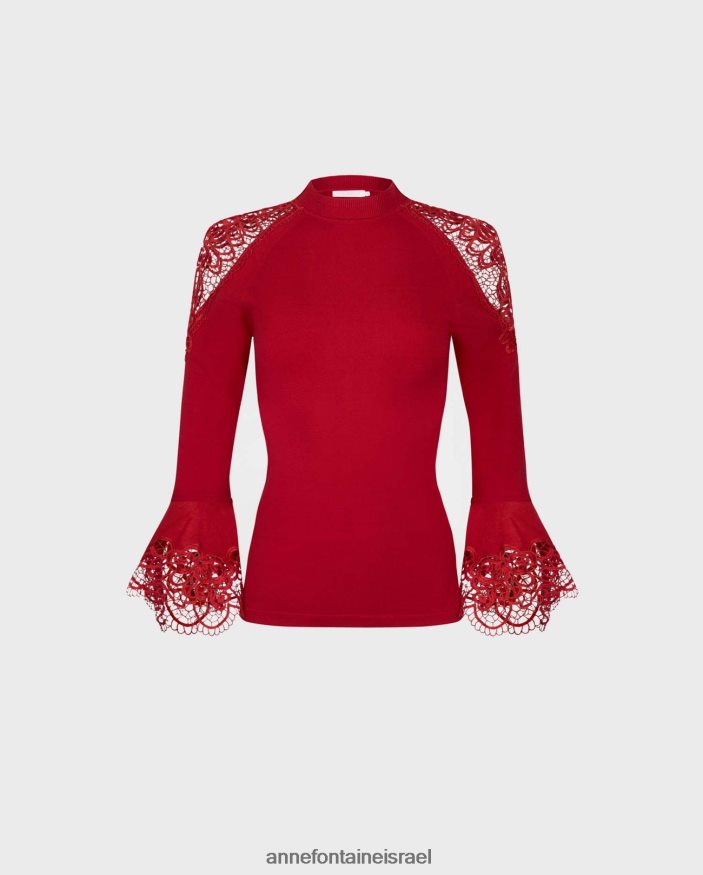 הַלבָּשָׁה Anne Fontaine סוודר סוודר fozia עם פרטי תחרה פרחוניים נשפכים אדום טנגו נשים DL8V8L480