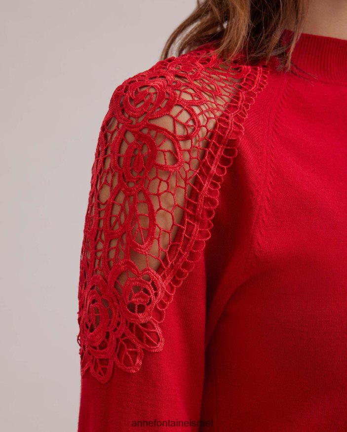 הַלבָּשָׁה Anne Fontaine סוודר סוודר fozia עם פרטי תחרה פרחוניים נשפכים אדום טנגו נשים DL8V8L480