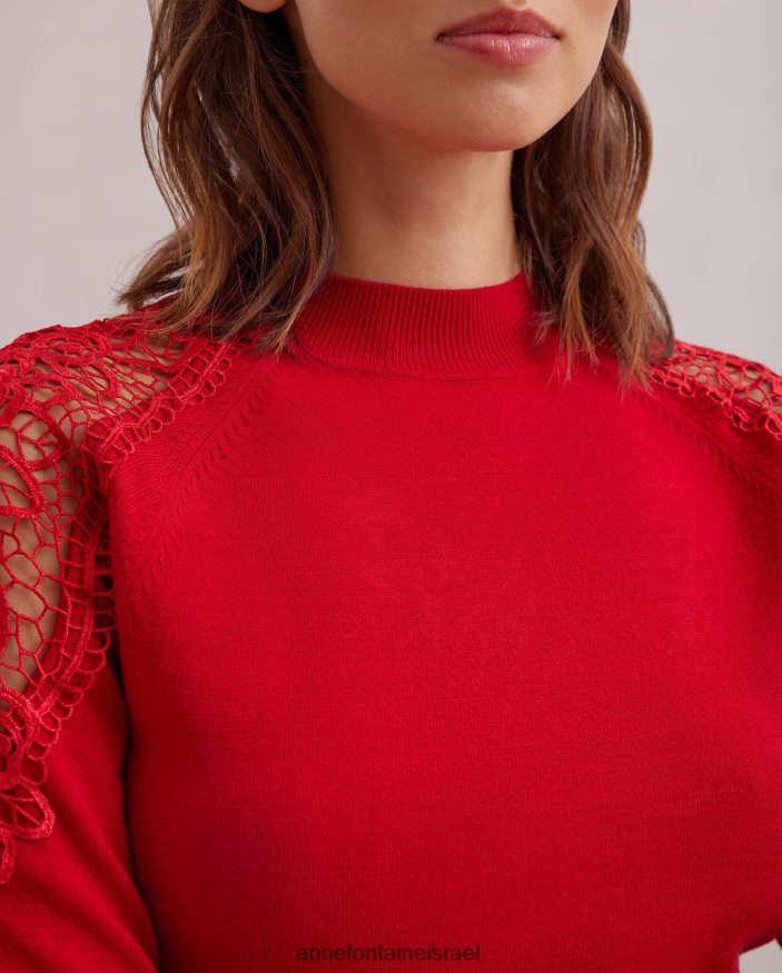 הַלבָּשָׁה Anne Fontaine סוודר סוודר fozia עם פרטי תחרה פרחוניים נשפכים אדום טנגו נשים DL8V8L480